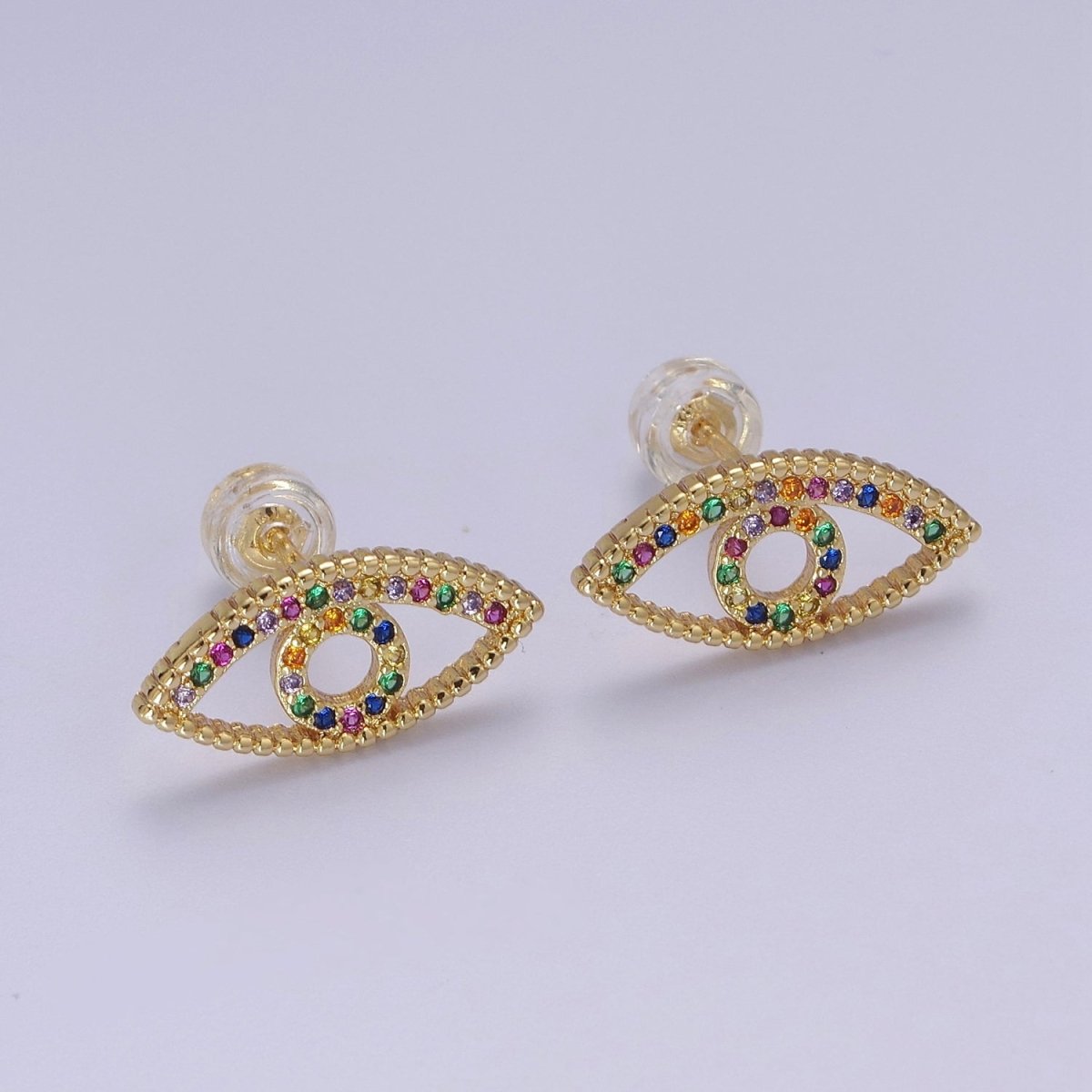Dainty Gold Rainbow CZ Evil Eye Stud Earring V-099
