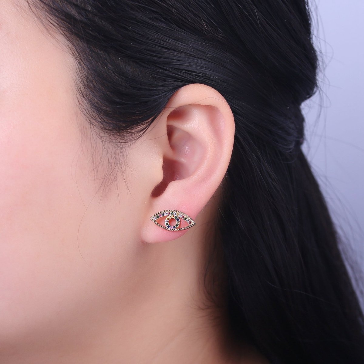 Dainty Gold Rainbow CZ Evil Eye Stud Earring V-099