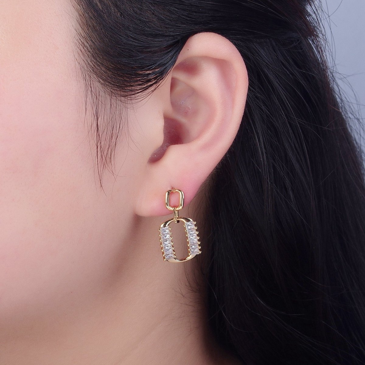 Dainty Gold Rectangle Post Earring with Clear Baguette Drop Earring Stud V-437