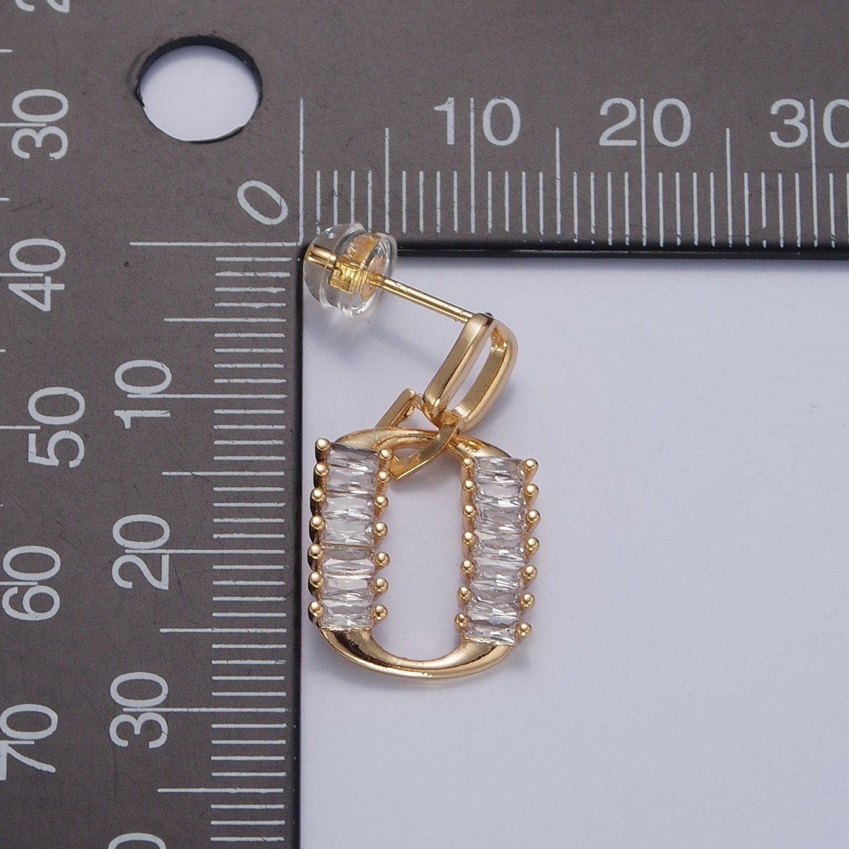Dainty Gold Rectangle Post Earring with Clear Baguette Drop Earring Stud V-437