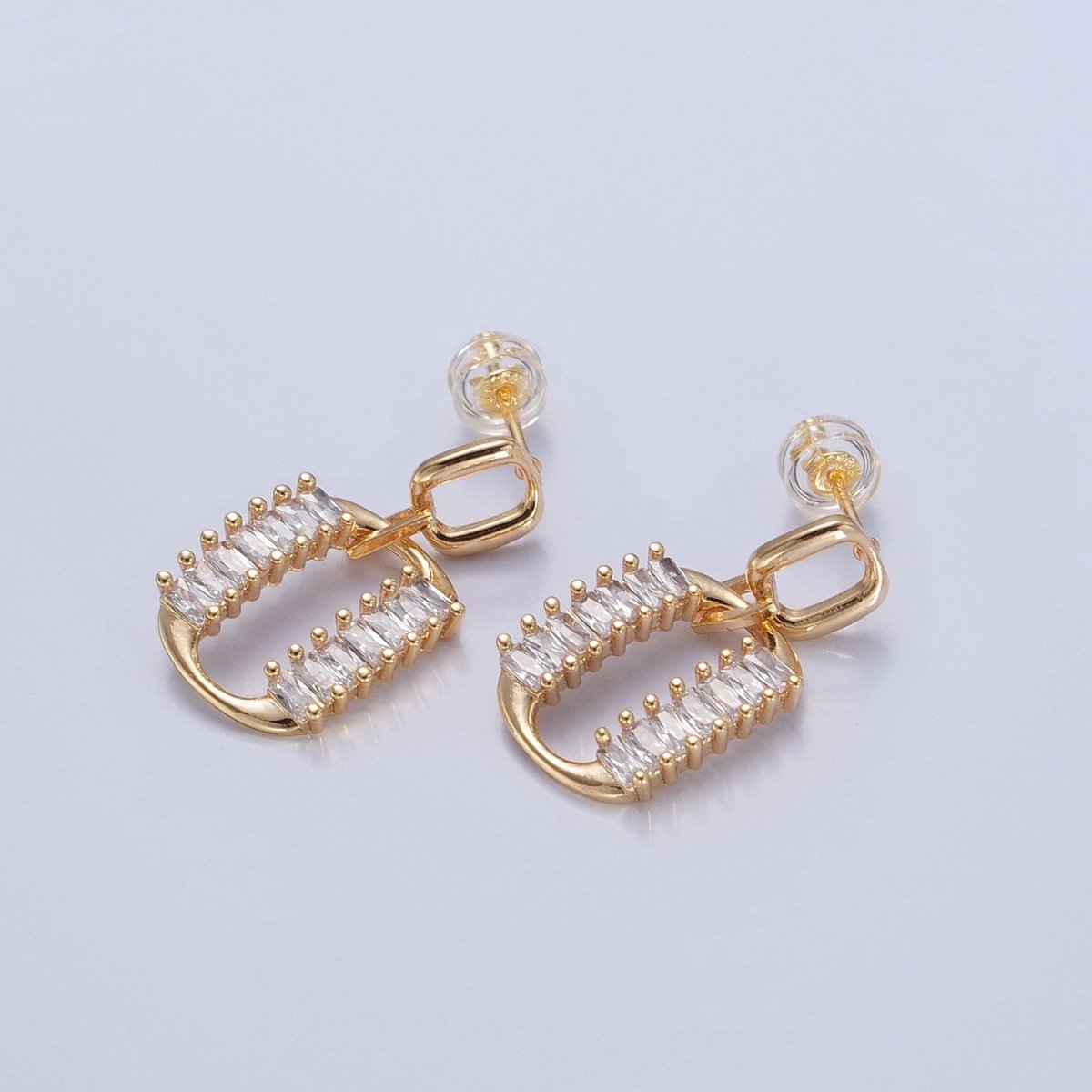 Dainty Gold Rectangle Post Earring with Clear Baguette Drop Earring Stud V-437
