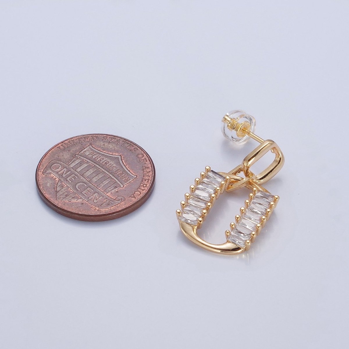 Dainty Gold Rectangle Post Earring with Clear Baguette Drop Earring Stud V-437