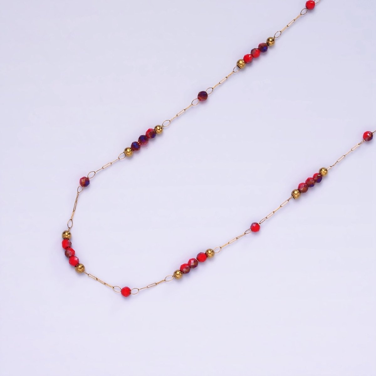 Dainty Gold Red beaded Chain for Jewelry Making Gold Satellite Crystal Bead Chain by Yard | ROLL-1496 ROLL-1497