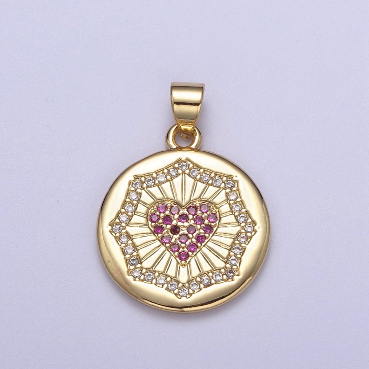 Dainty Gold Round Coin Pendant with Micro Pave Heart Charm H-543