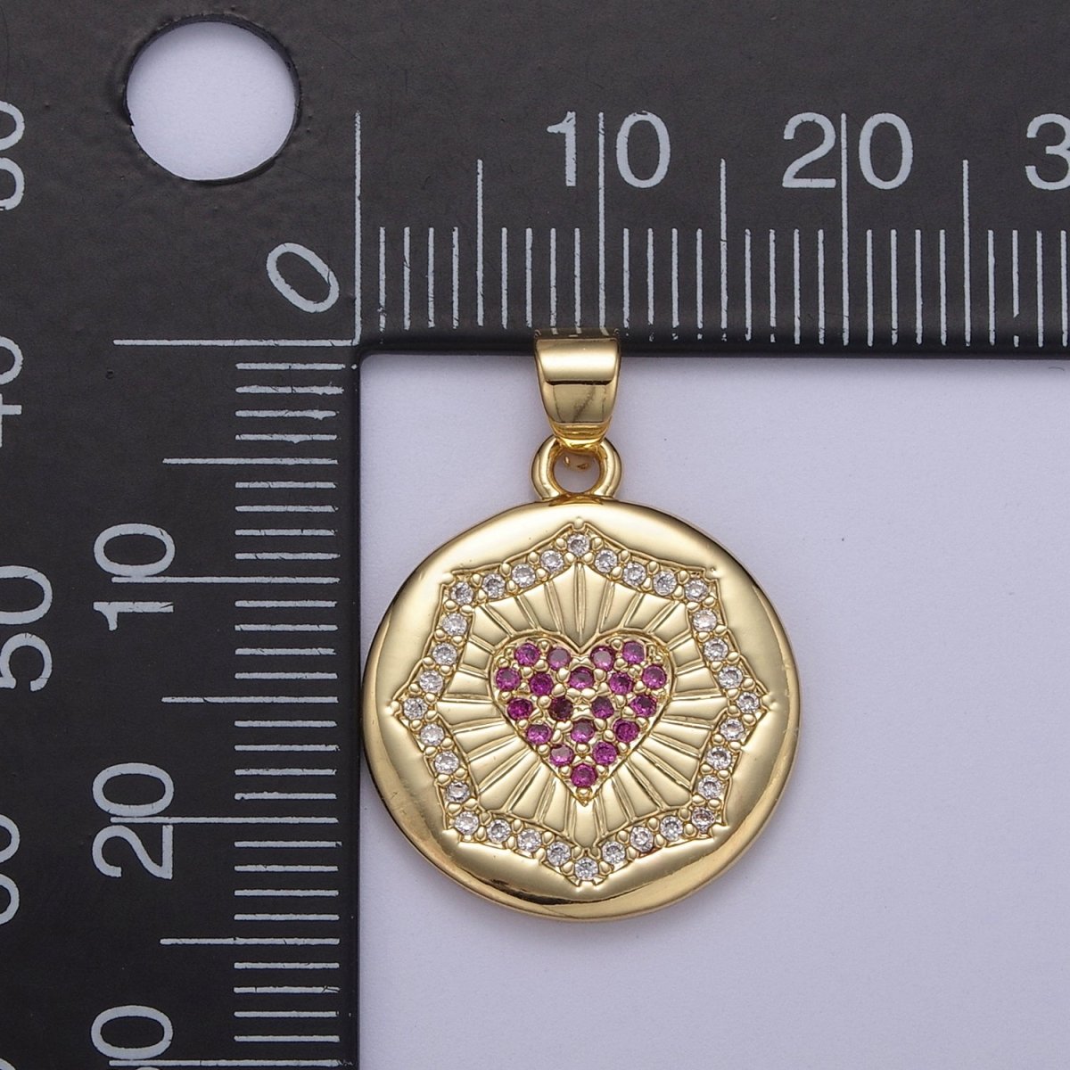 Dainty Gold Round Coin Pendant with Micro Pave Heart Charm H-543
