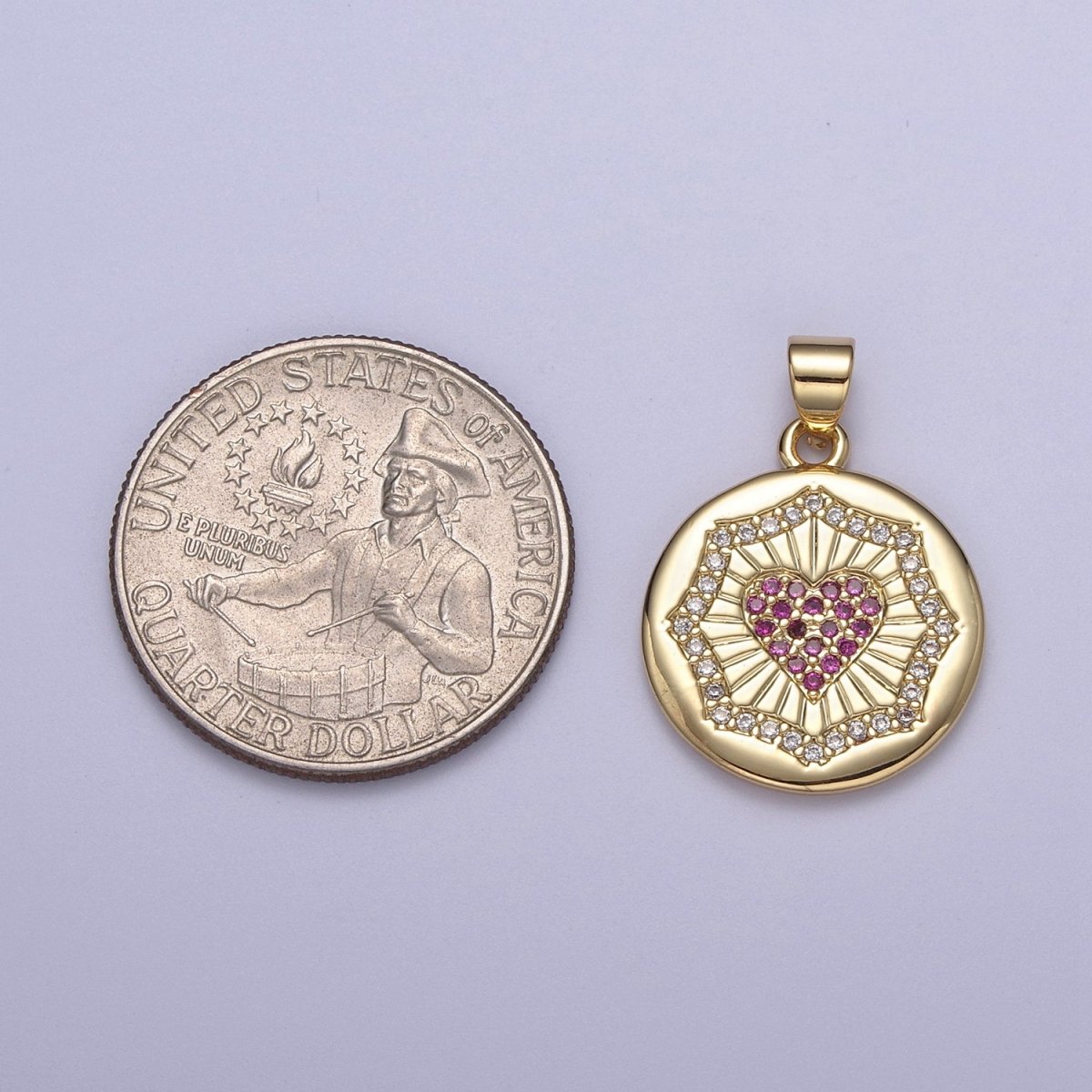 Dainty Gold Round Coin Pendant with Micro Pave Heart Charm H-543