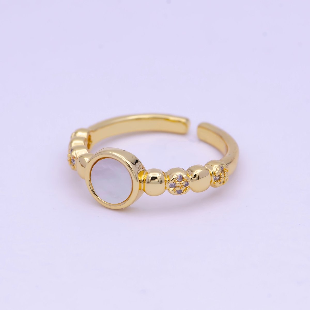 Dainty Gold Shell Pearl Ring with Beaded Ball Band Open Adjustable S-236