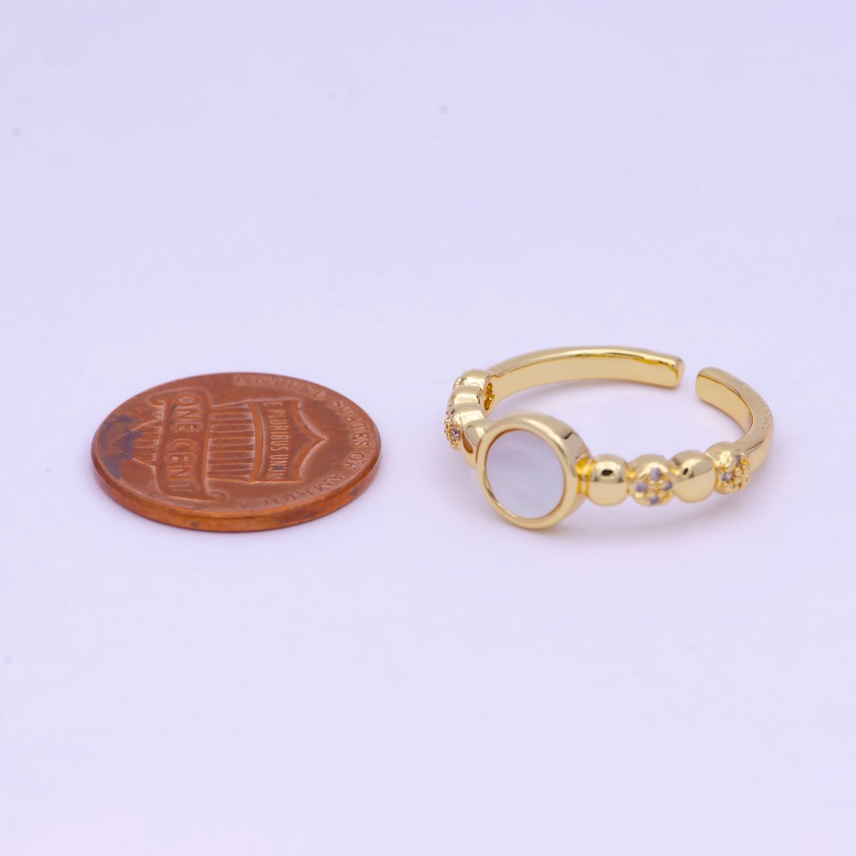 Dainty Gold Shell Pearl Ring with Beaded Ball Band Open Adjustable S-236