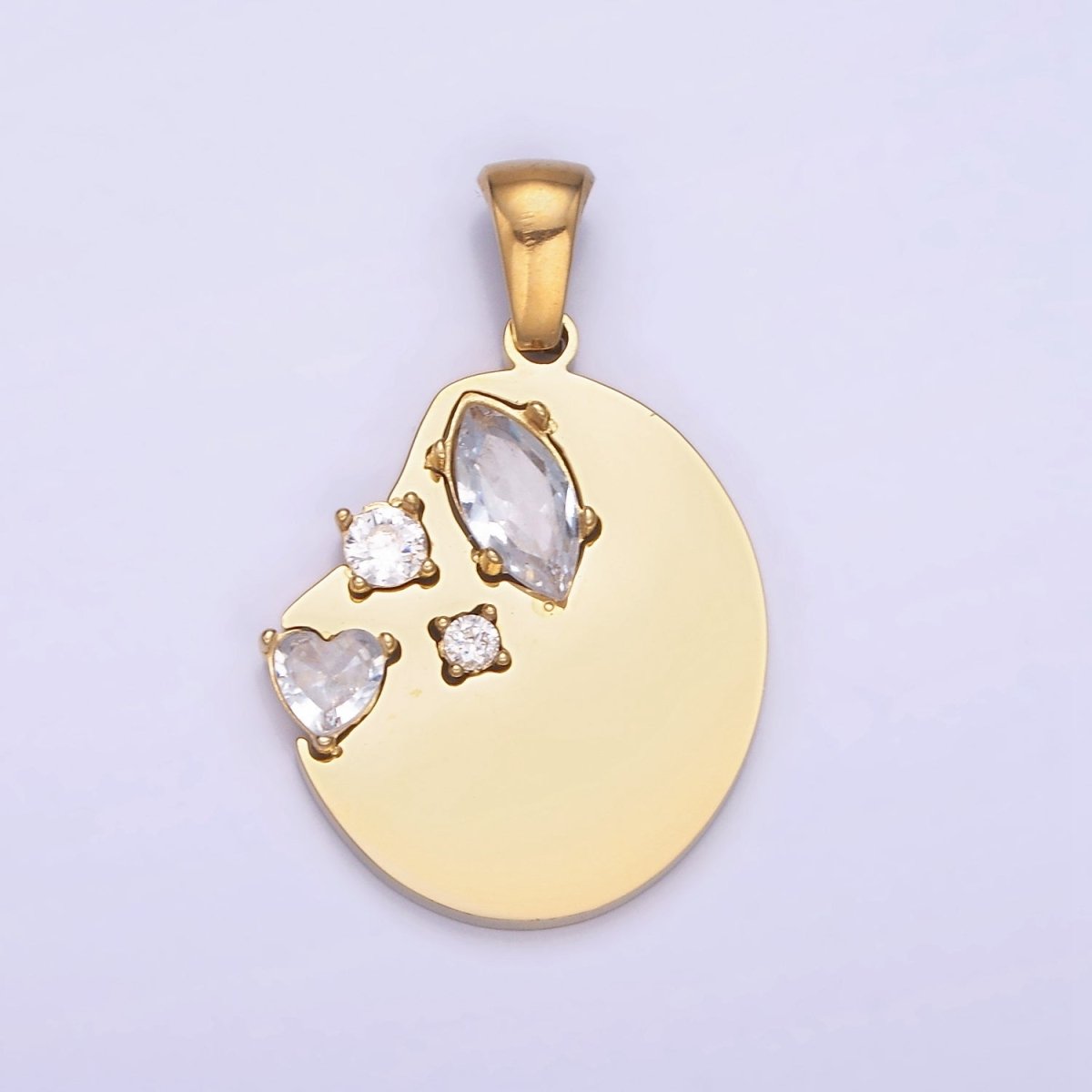 Dainty Gold Stainless Steel Abstract Coin Charm with Clear Crystal cz Stone  | P1395