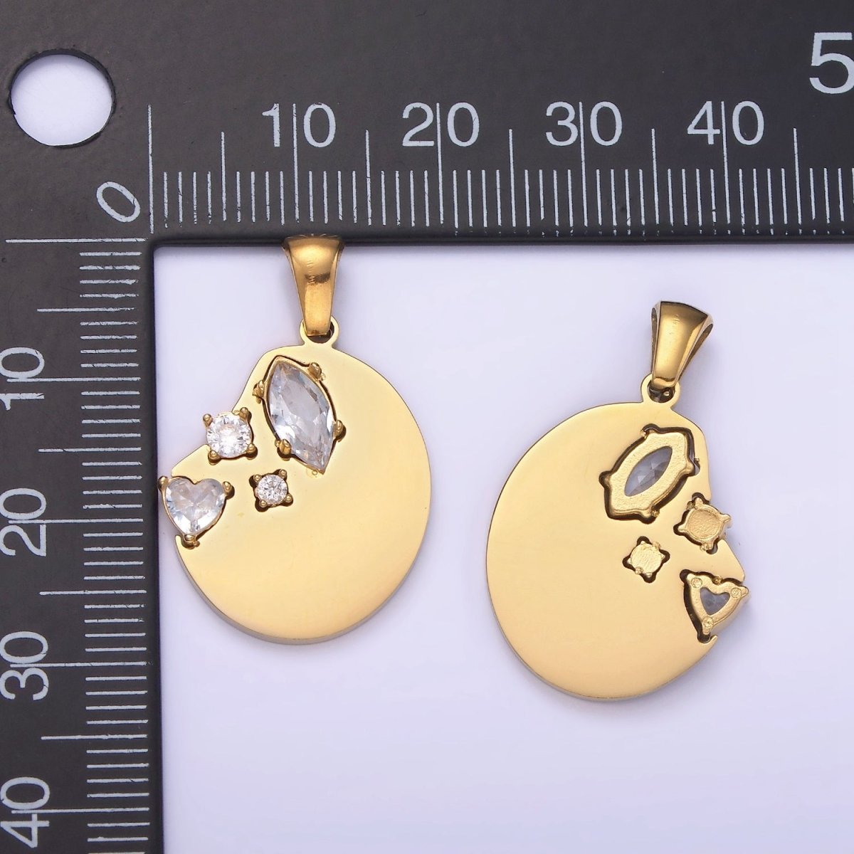 Dainty Gold Stainless Steel Abstract Coin Charm with Clear Crystal cz Stone  | P1395