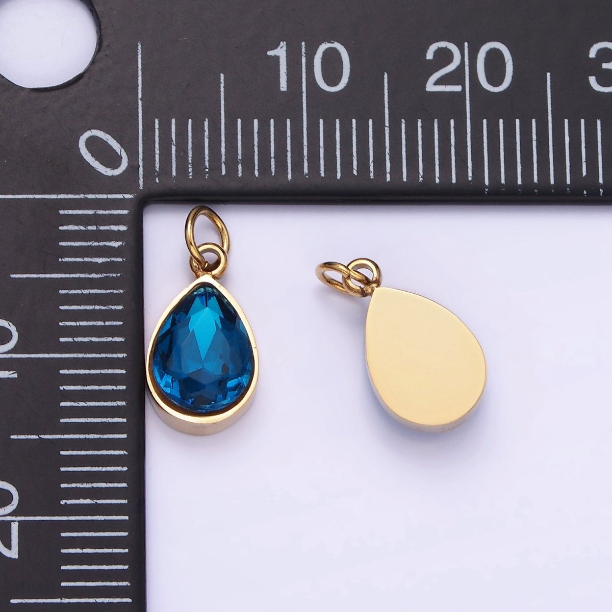 Dainty Gold Stainless Steel Blue Teardrop Crystal Charm | P1406