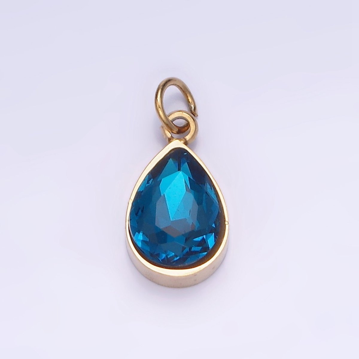Dainty Gold Stainless Steel Blue Teardrop Crystal Charm | P1406