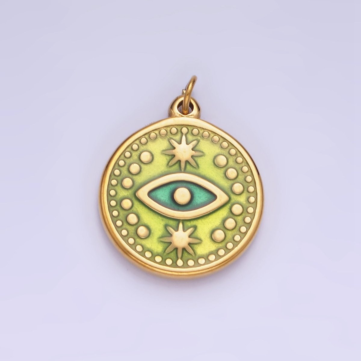 Dainty Gold Stainless Steel Green Evil Eye Round Circle Charm Medallion P1384