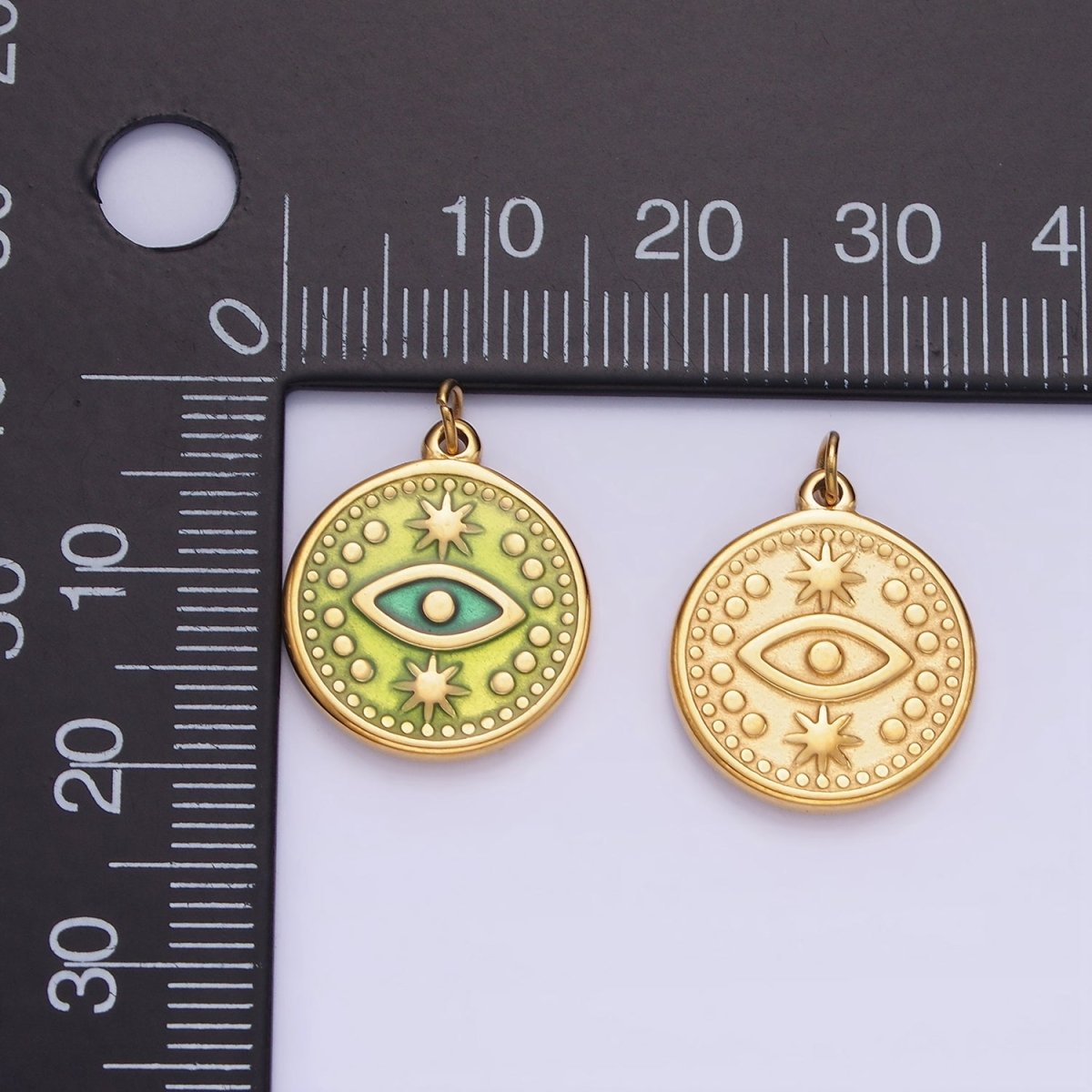 Dainty Gold Stainless Steel Green Evil Eye Round Circle Charm Medallion P1384