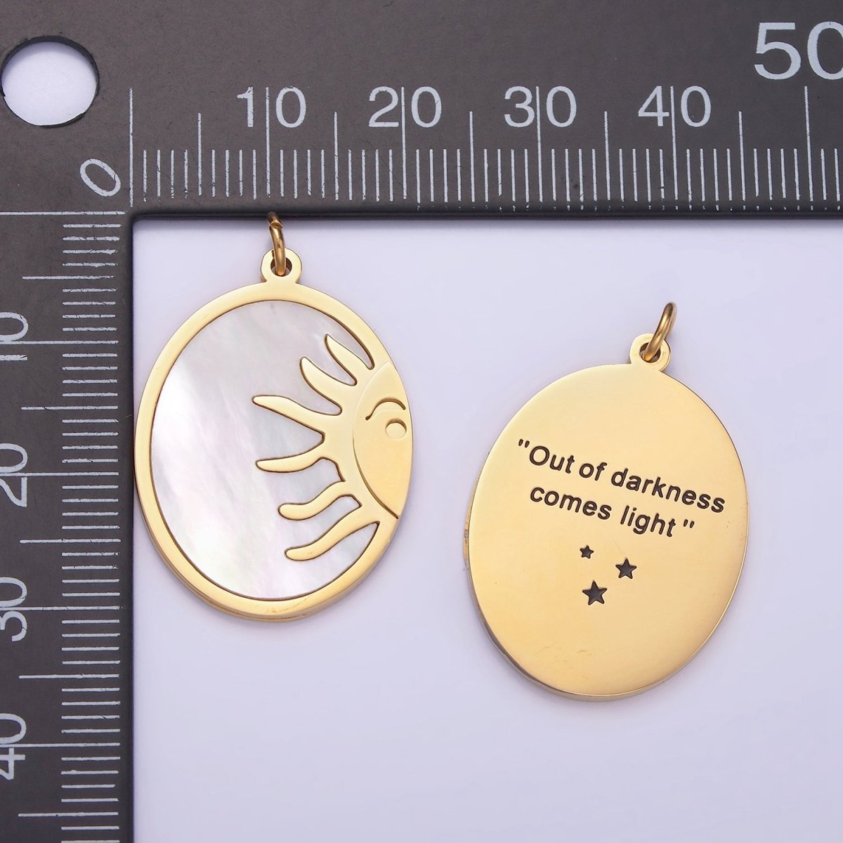 Dainty Gold Stainless Steel Oval Pearl Sun Charm Double Sided Pendant| P1399