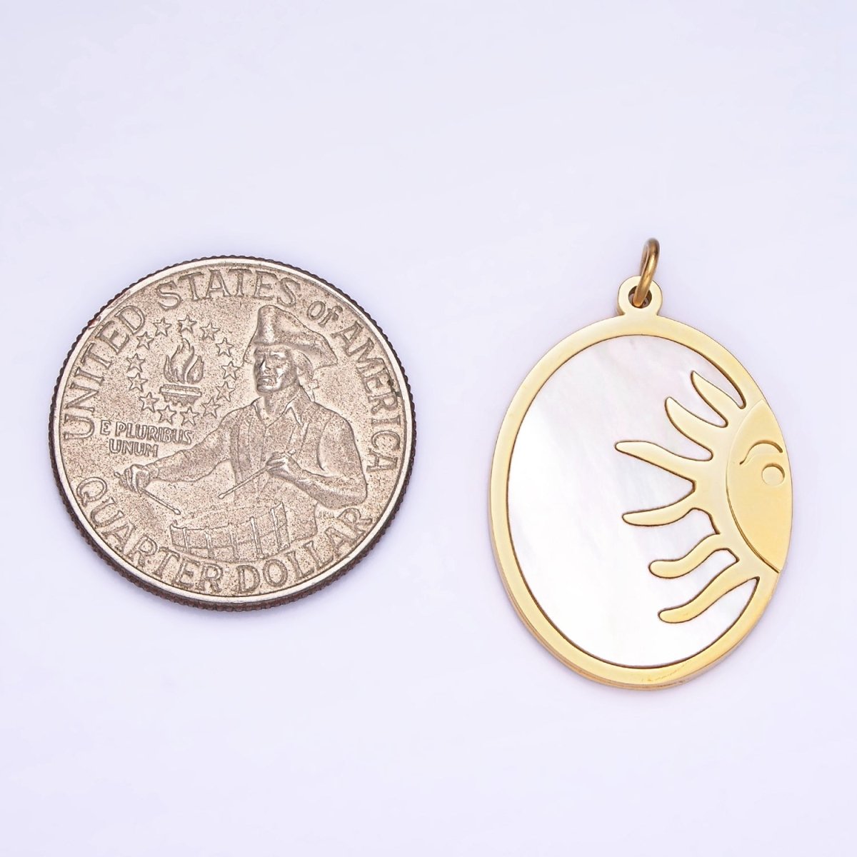 Dainty Gold Stainless Steel Oval Pearl Sun Charm Double Sided Pendant| P1399
