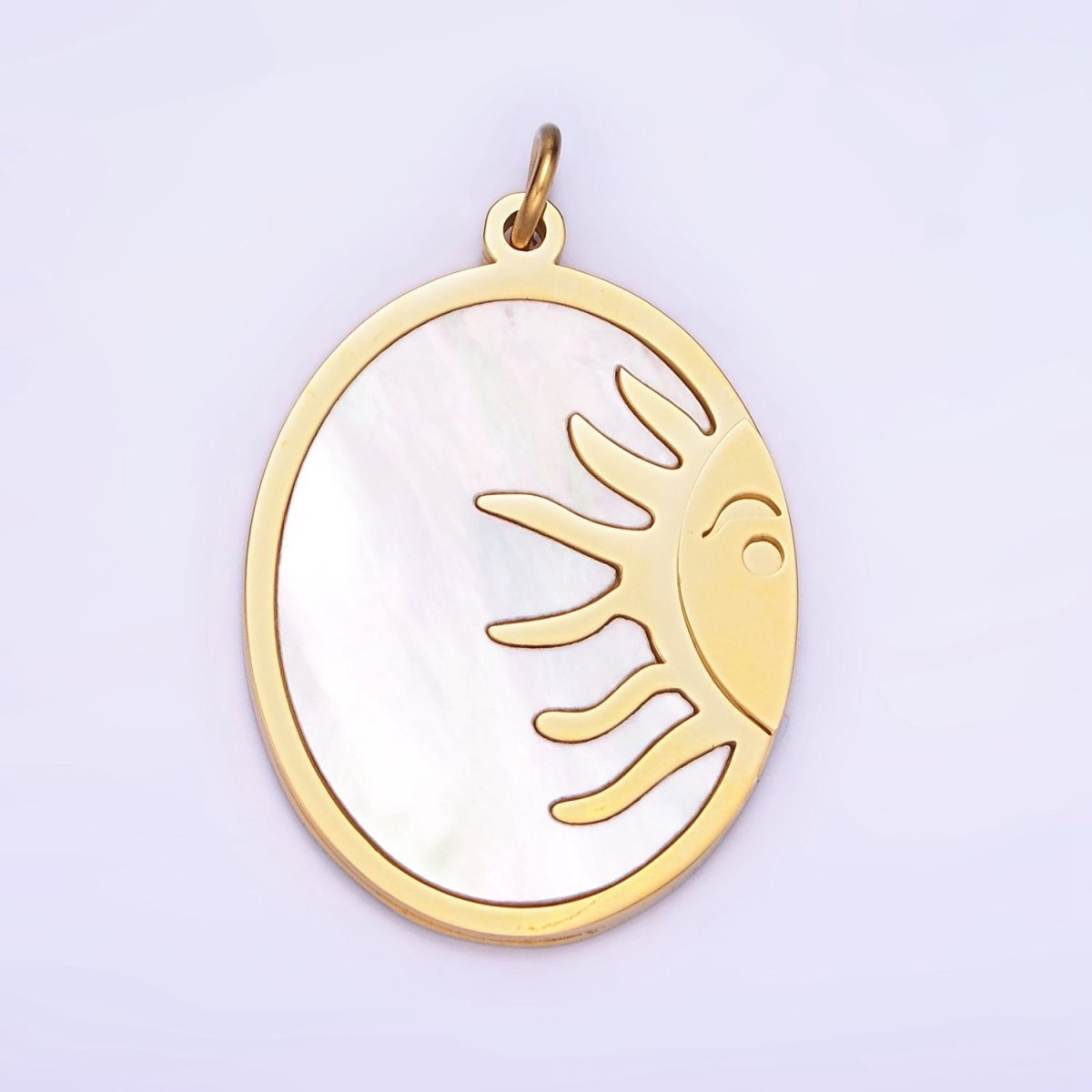 Dainty Gold Stainless Steel Oval Pearl Sun Charm Double Sided Pendant| P1399