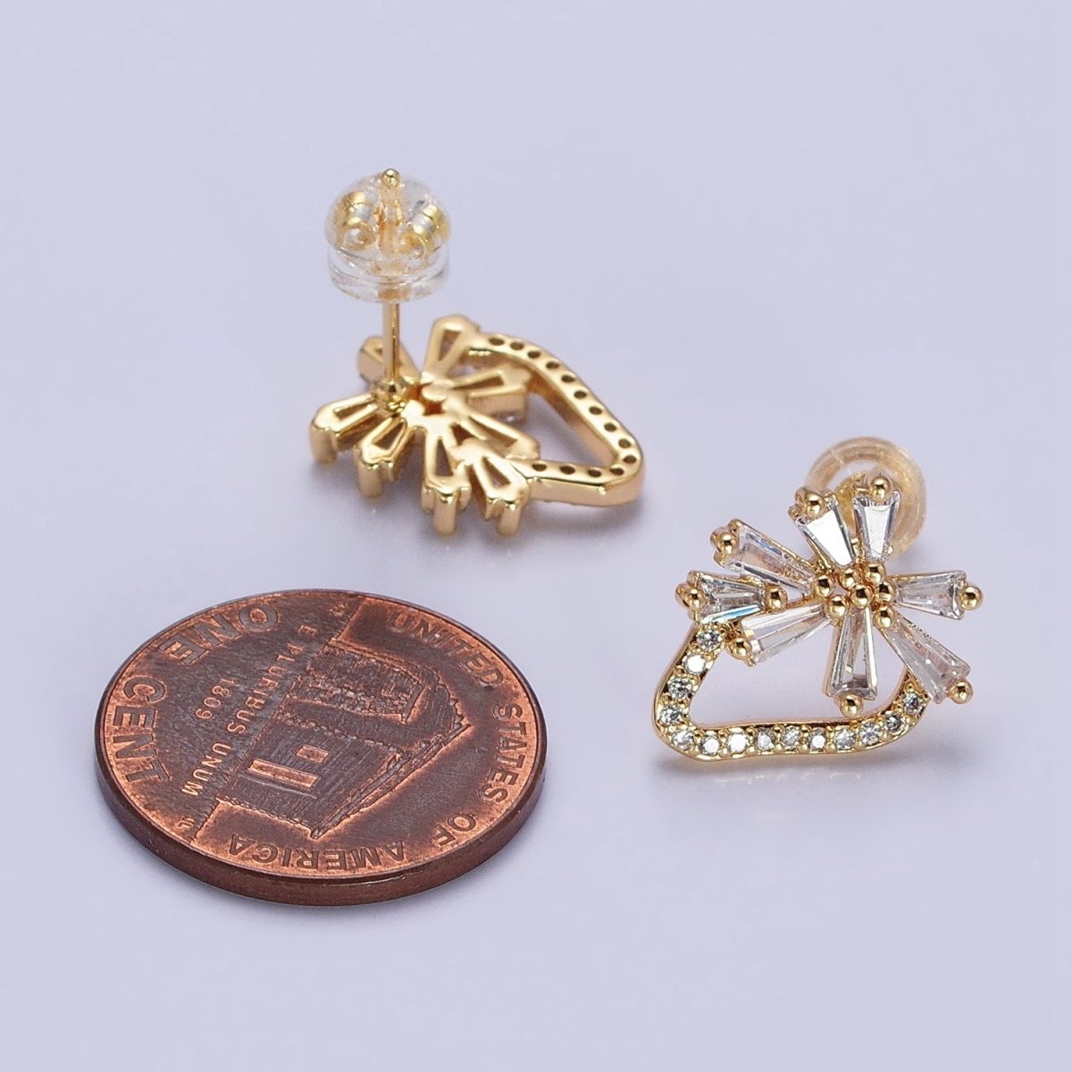Dainty Gold Strawberry Stud Earring with Baguette Cz Micro Pave Stone AB938