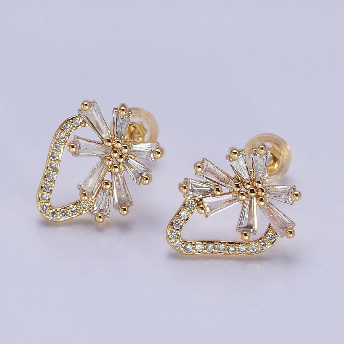 Dainty Gold Strawberry Stud Earring with Baguette Cz Micro Pave Stone AB938