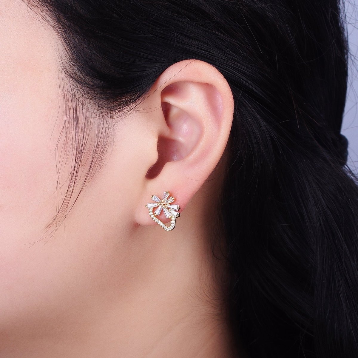 Dainty Gold Strawberry Stud Earring with Baguette Cz Micro Pave Stone AB938