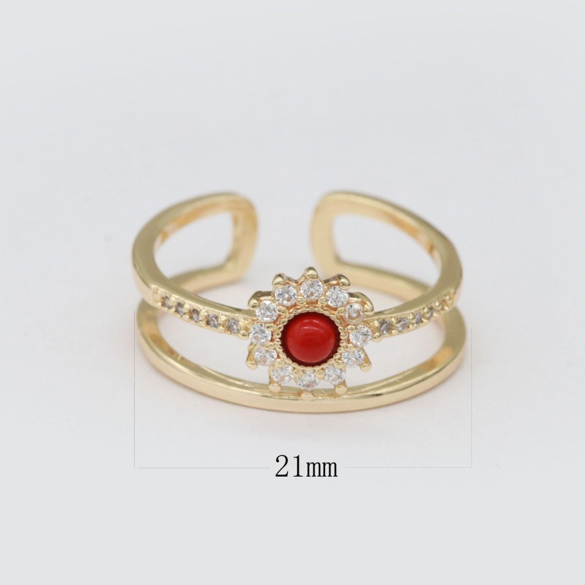 Dainty Gold Sun Double Band Ring, Open Adjustable Ring Red Cz Stone O-873