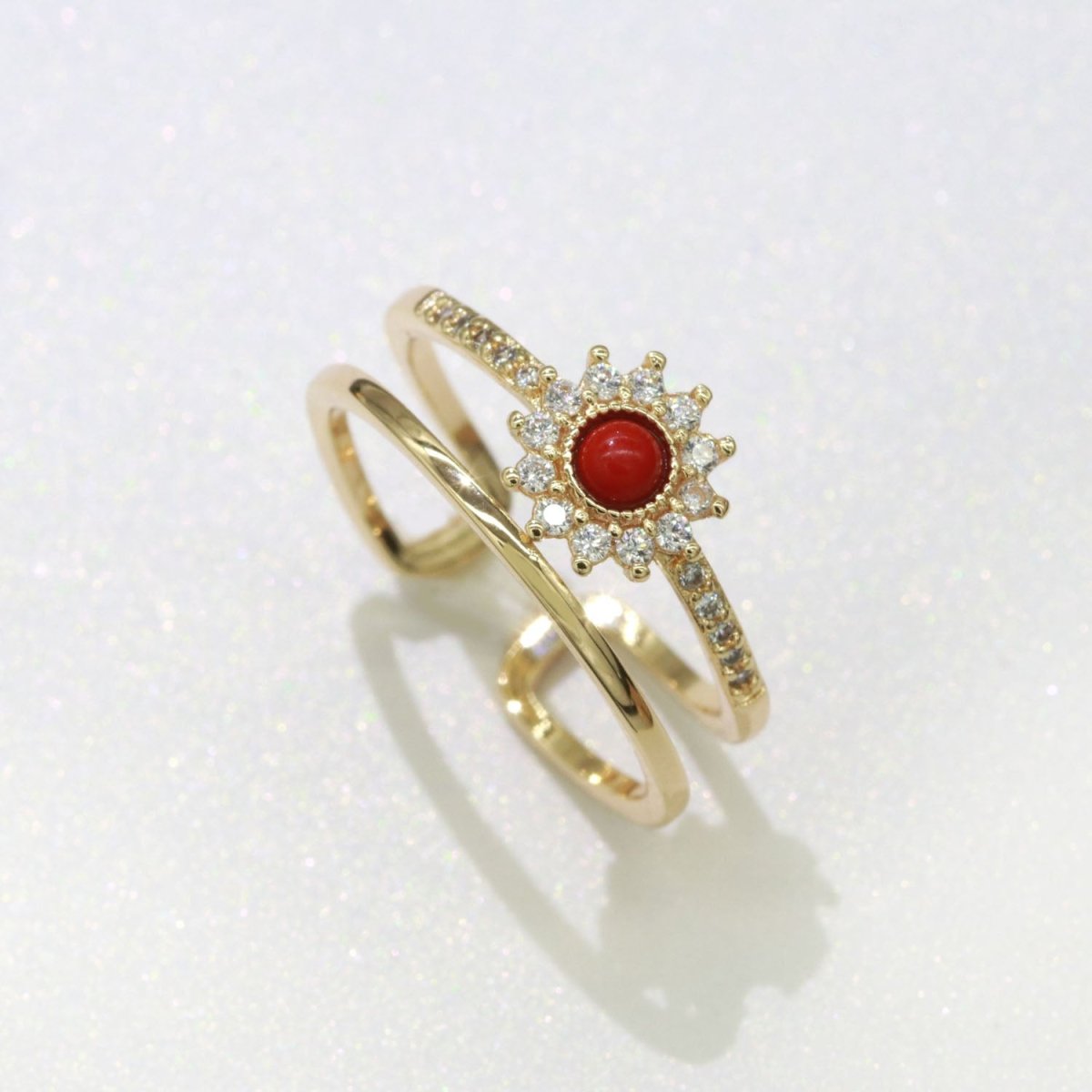 Dainty Gold Sun Double Band Ring, Open Adjustable Ring Red Cz Stone O-873