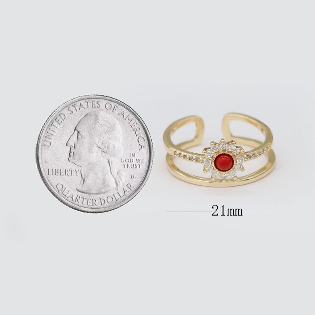 Dainty Gold Sun Double Band Ring, Open Adjustable Ring Red Cz Stone O-873