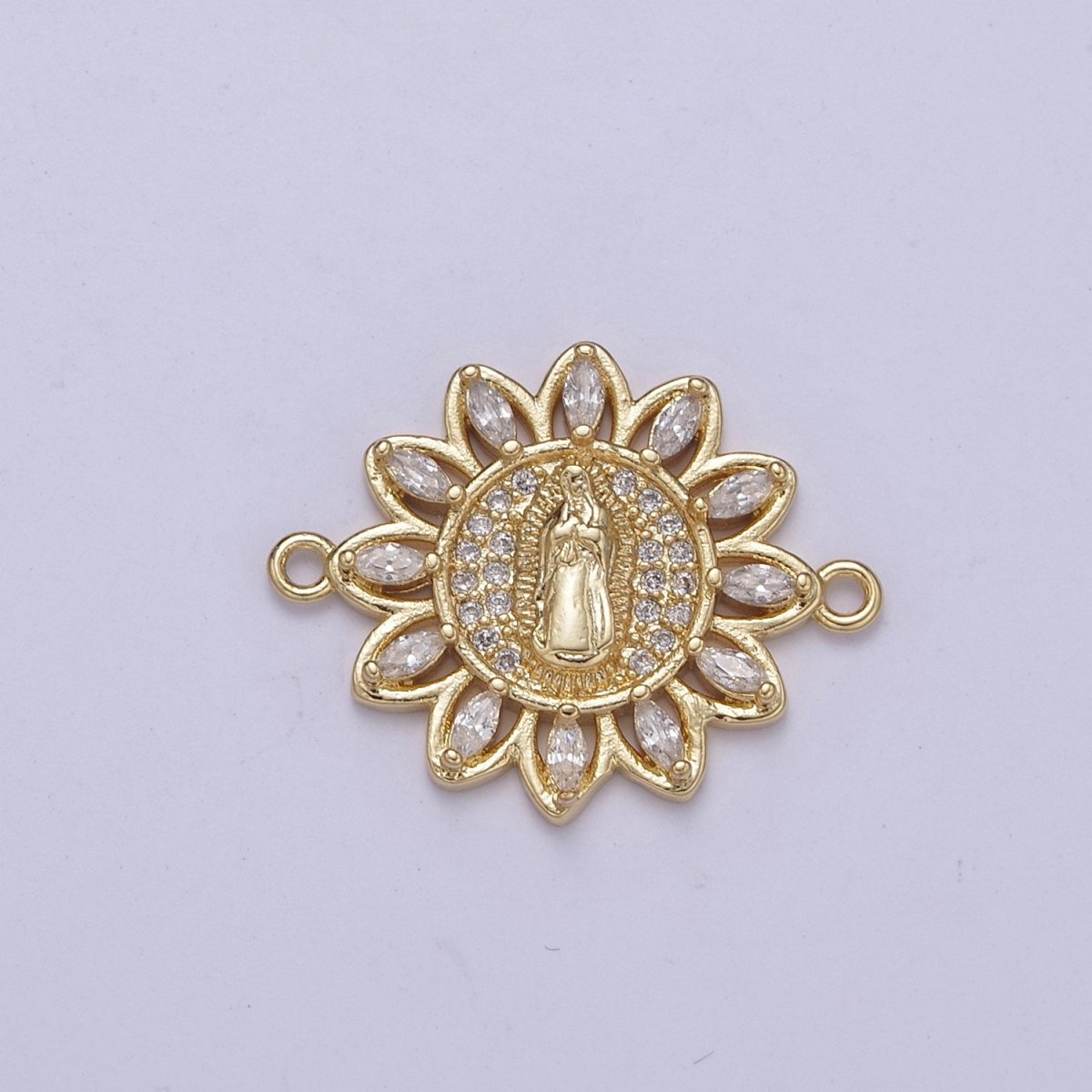 Dainty Gold Sun Flower Cubic Virgin Mary Lady Guadalupe Charm Connector for Bracelet F-679