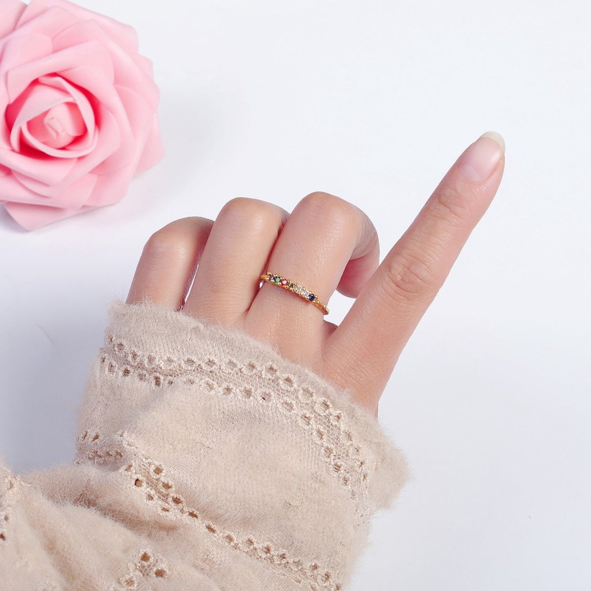 Dainty Gold Twist Band Simple Band with Colorful CZ Stone Adjustable Ring O-2131
