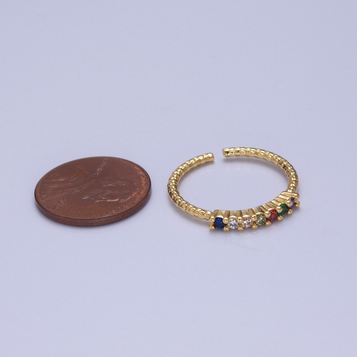 Dainty Gold Twist Band Simple Band with Colorful CZ Stone Adjustable Ring O-2131