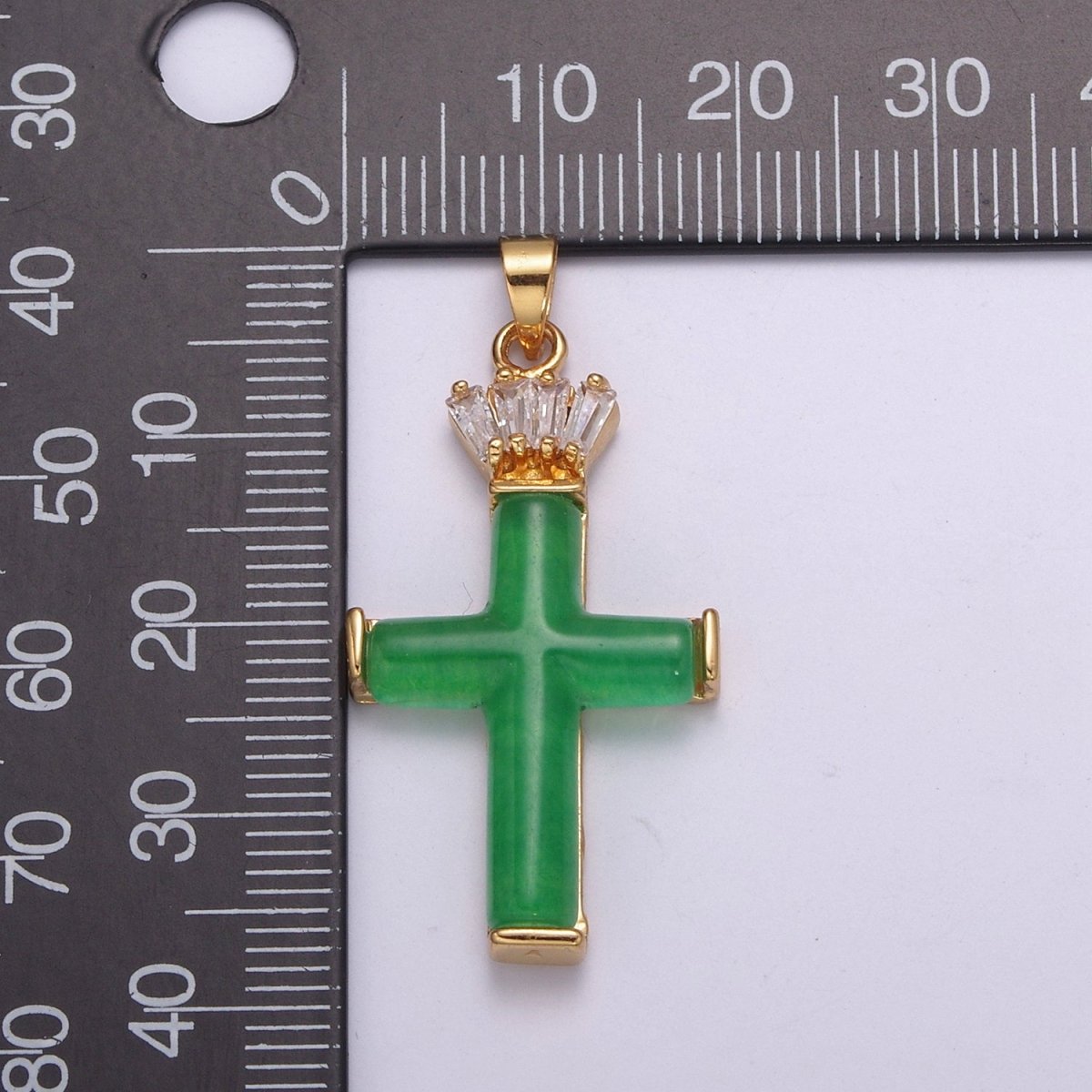 Dainty Green Jade Cross Pendant With CZ Crown for Necklace Earring Component Supply AH-351