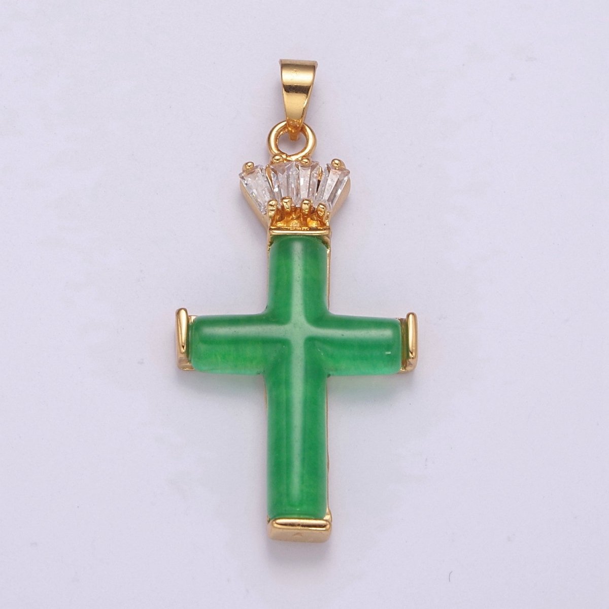 Dainty Green Jade Cross Pendant With CZ Crown for Necklace Earring Component Supply AH-351
