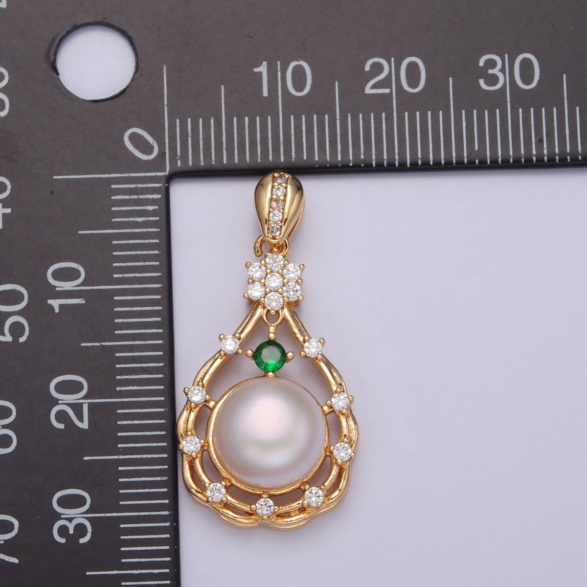Dainty Green Pave Charm Genuine Shell Pearl Pendant Minimalist Bridal Wedding Jewelry I-016