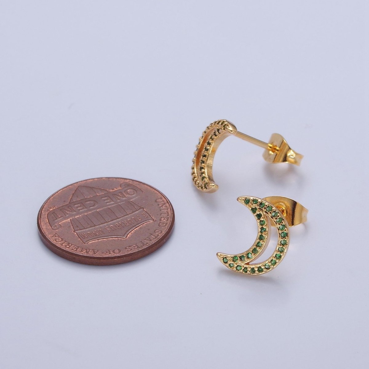 Dainty Green Pave Crescent Moon Stud Earring T-423