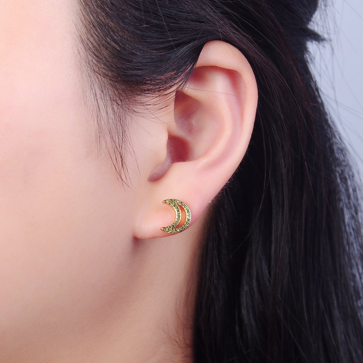 Dainty Green Pave Crescent Moon Stud Earring T-423