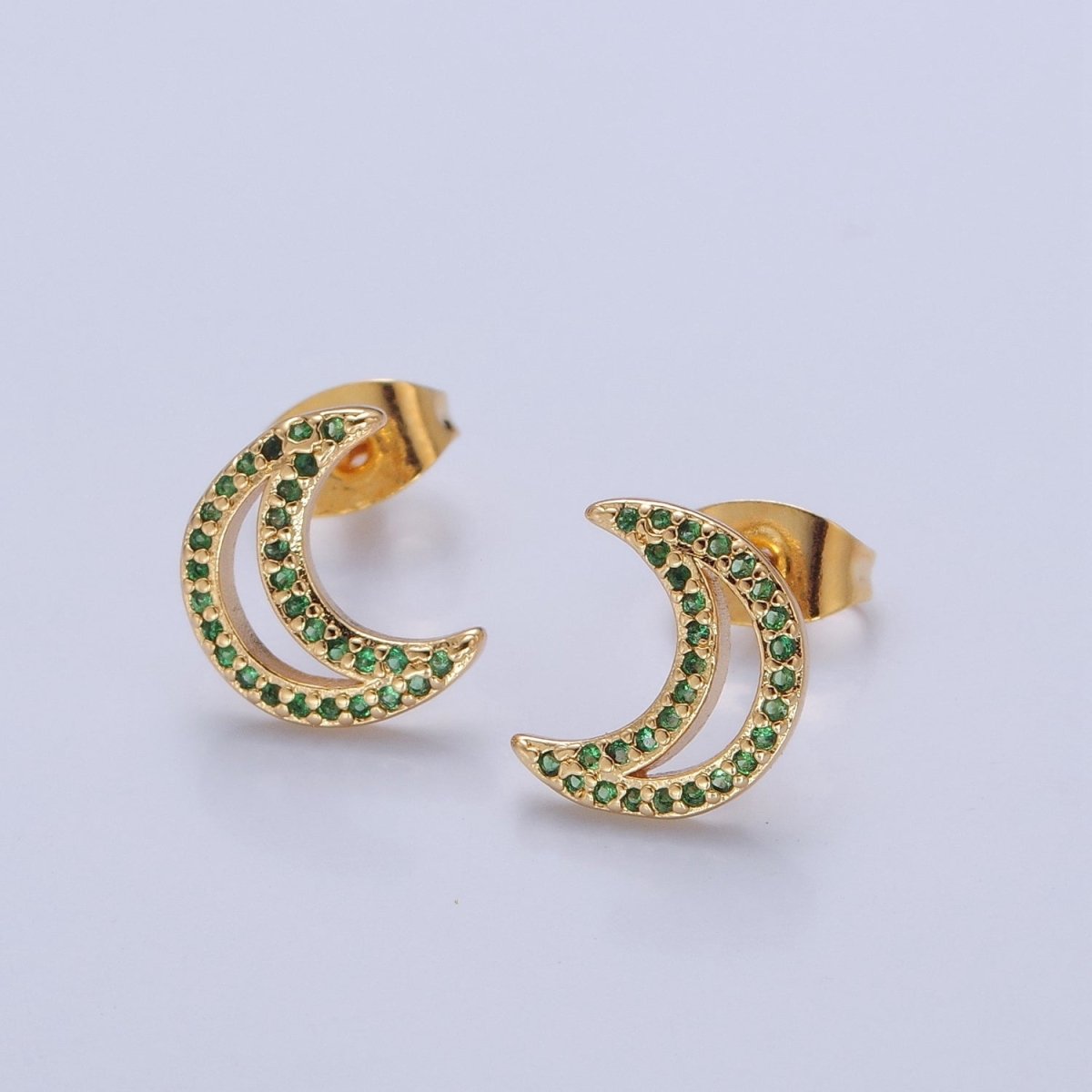 Dainty Green Pave Crescent Moon Stud Earring T-423