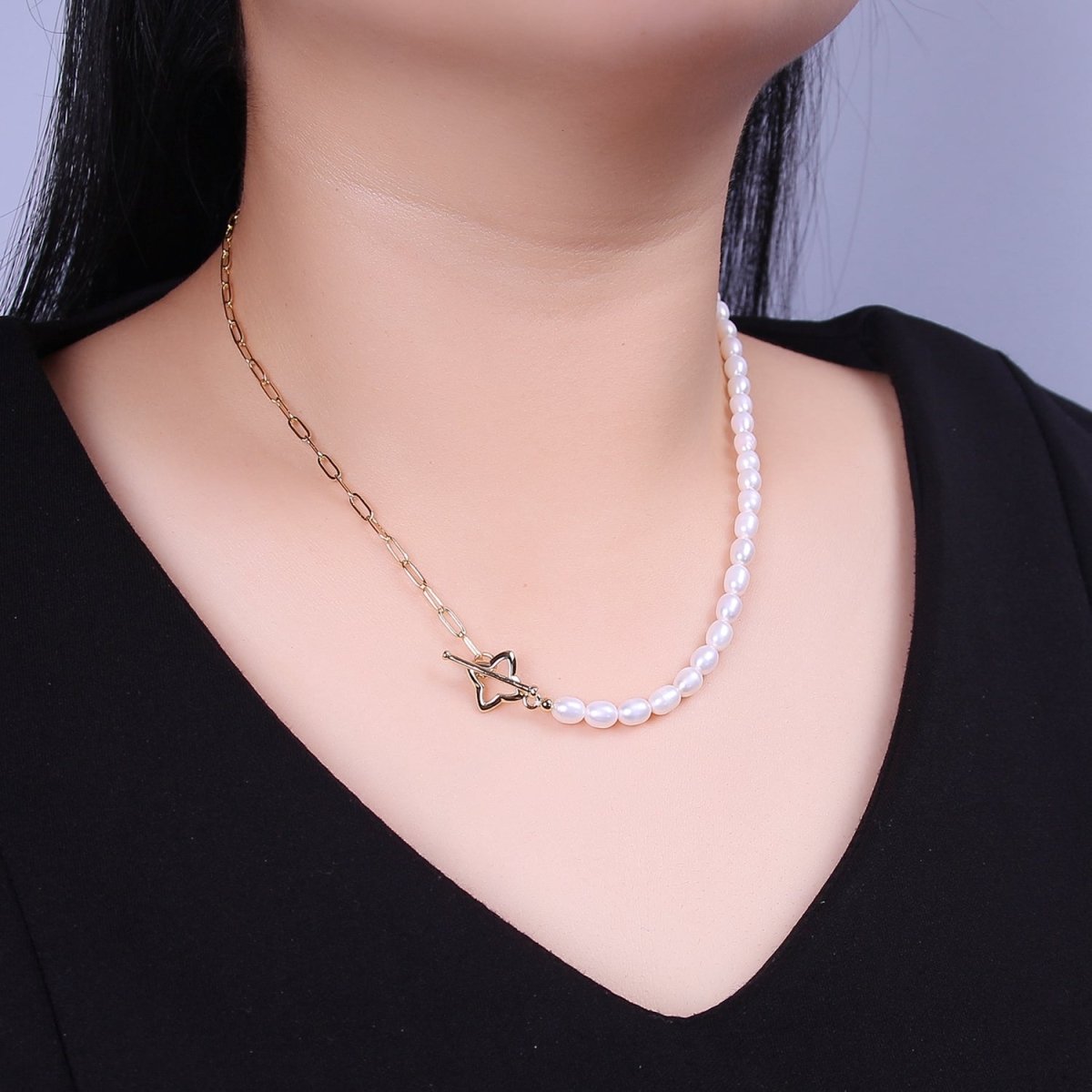 Dainty Half Baroque Pearl Half Paper Clip Chain Necklace 18k Gold Filled Toggle Necklace | WA-878 Clearance Pricing