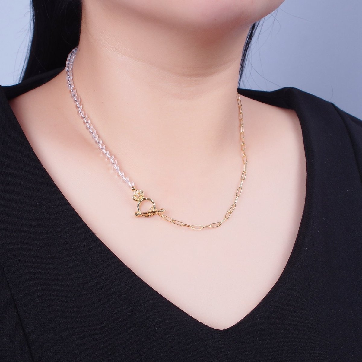 Dainty Half Bead Half Link Chain Necklace, 24k Gold Filled Paperclip Chain with Clear Quartz Necklace Toggle Clasp | WA-967 Clearance Pricing