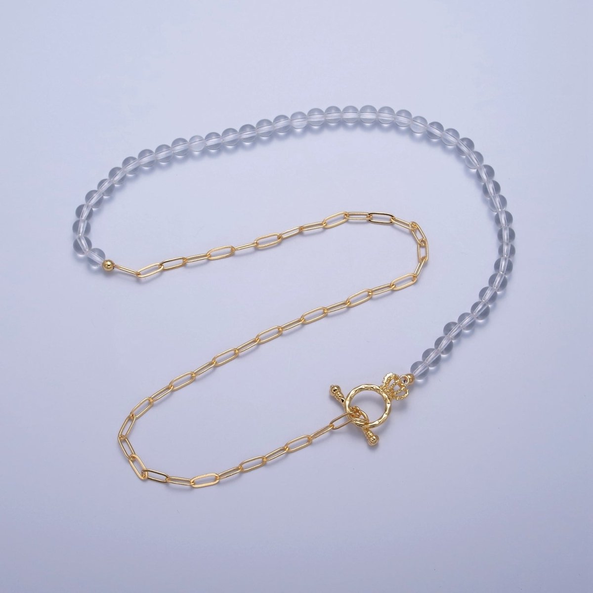 Dainty Half Bead Half Link Chain Necklace, 24k Gold Filled Paperclip Chain with Clear Quartz Necklace Toggle Clasp | WA-967 Clearance Pricing