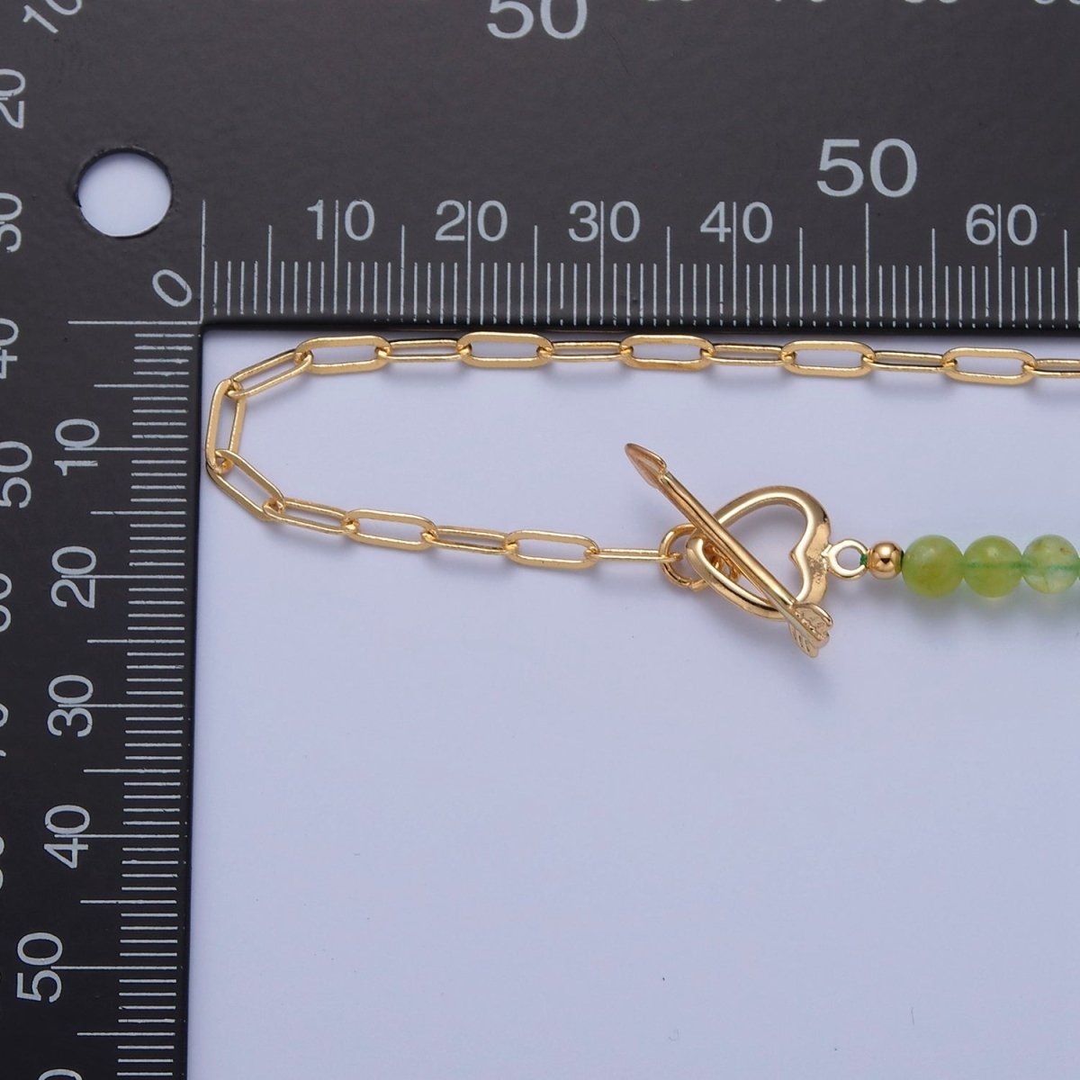 Dainty Half Bead Half Link Chain Necklace, 24k Gold Filled Paperclip Chain with Green Jade Necklace Heart Toggle Clasp | WA-959 Clearance Pricing