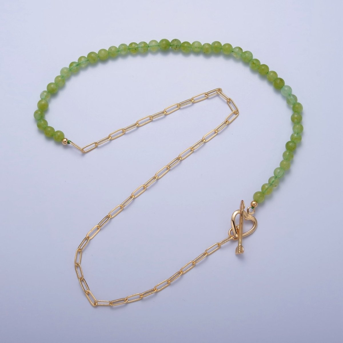 Dainty Half Bead Half Link Chain Necklace, 24k Gold Filled Paperclip Chain with Green Jade Necklace Heart Toggle Clasp | WA-959 Clearance Pricing