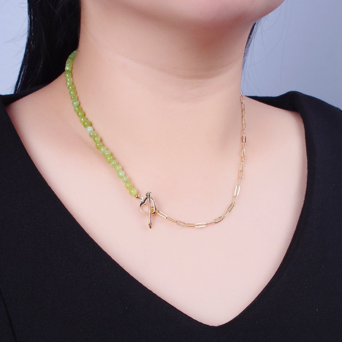 Dainty Half Bead Half Link Chain Necklace, 24k Gold Filled Paperclip Chain with Green Jade Necklace Heart Toggle Clasp | WA-959 Clearance Pricing