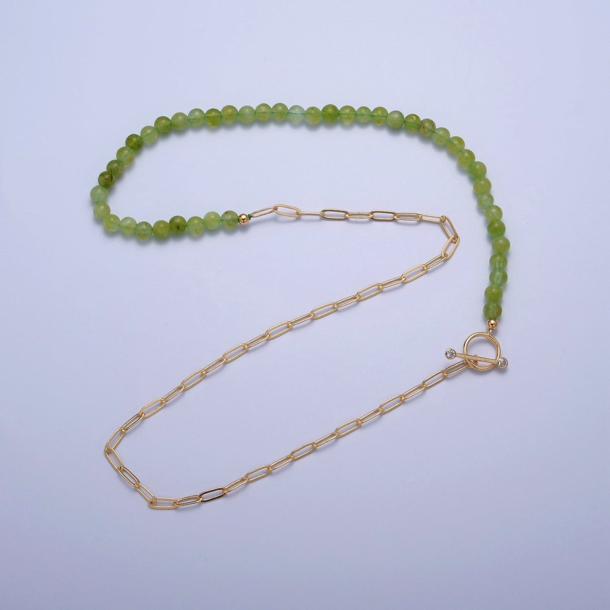 OS Dainty Half Bead Half Link Chain Necklace, 24k Gold Filled Paperclip Chain with Green Jade Necklace Toggle Clasp | WA-960 Clearance Pricing