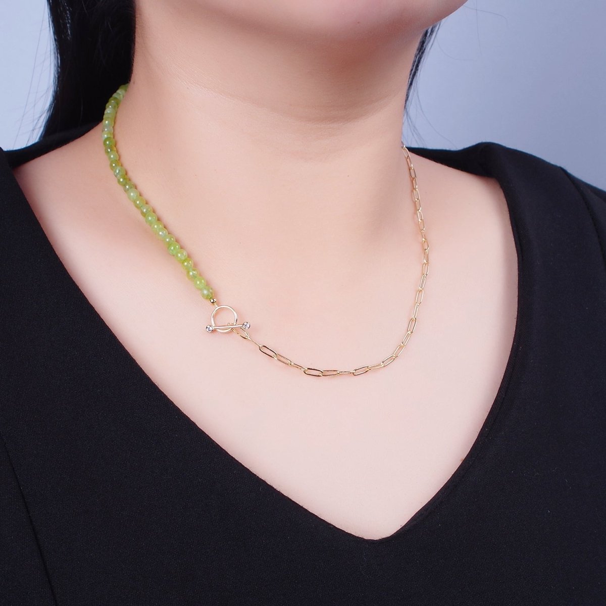 OS Dainty Half Bead Half Link Chain Necklace, 24k Gold Filled Paperclip Chain with Green Jade Necklace Toggle Clasp | WA-960 Clearance Pricing