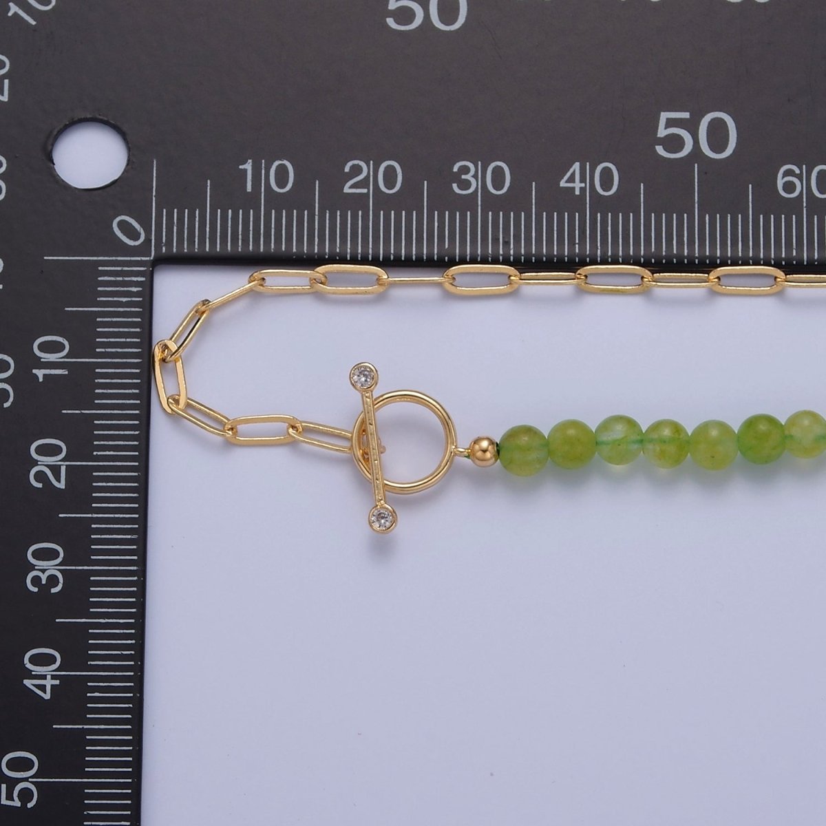 OS Dainty Half Bead Half Link Chain Necklace, 24k Gold Filled Paperclip Chain with Green Jade Necklace Toggle Clasp | WA-960 Clearance Pricing