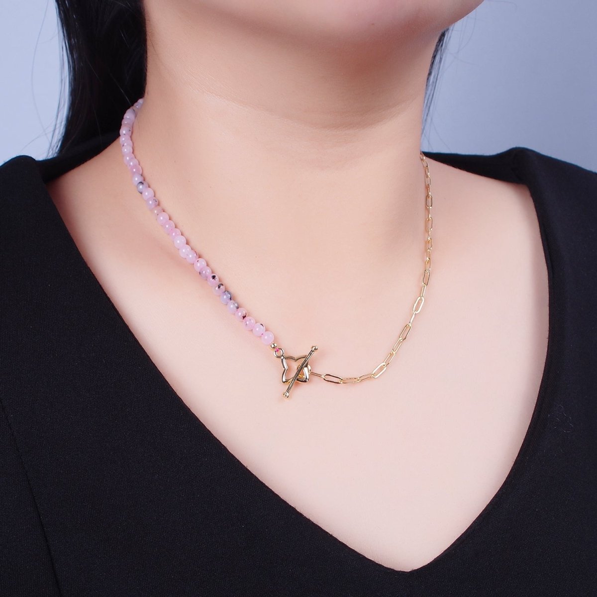 Dainty Half Bead Half Link Chain Necklace, 24k Gold Filled Paperclip Chain with Pink Jade Necklace Toggle Clasp | WA-972 Clearance Pricing