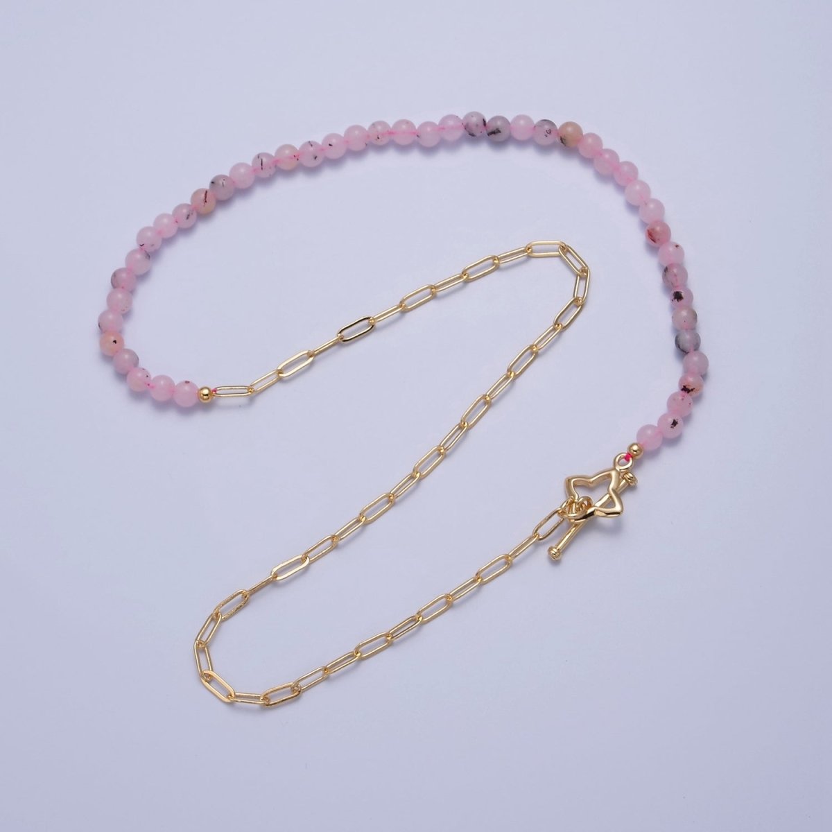 Dainty Half Bead Half Link Chain Necklace, 24k Gold Filled Paperclip Chain with Pink Jade Necklace Toggle Clasp | WA-972 Clearance Pricing