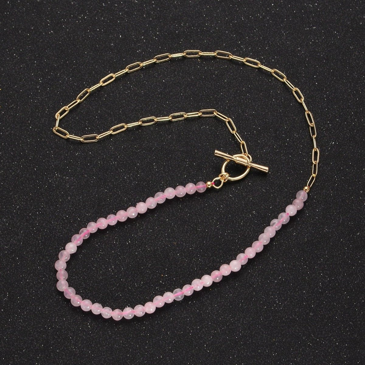 Dainty Half Bead Half Link Chain Necklace, 24k Gold Filled Paperclip Chain with Pink Quartz Necklace with Oval Toggle Clasps | WA-1019 Clearance Pricing