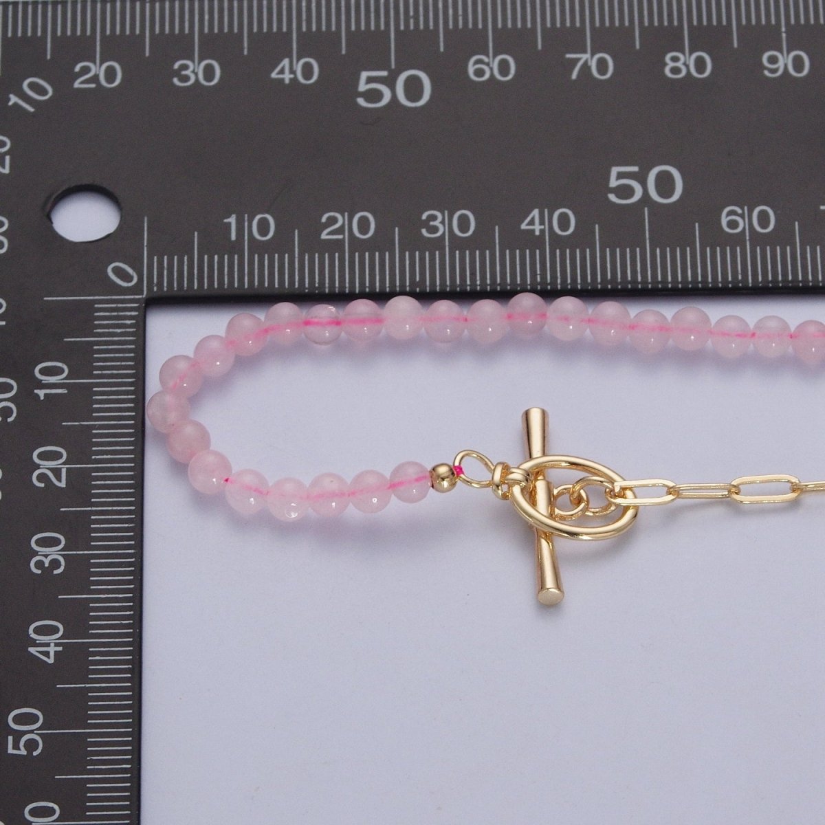 Dainty Half Bead Half Link Chain Necklace, 24k Gold Filled Paperclip Chain with Pink Quartz Necklace with Oval Toggle Clasps | WA-1019 Clearance Pricing