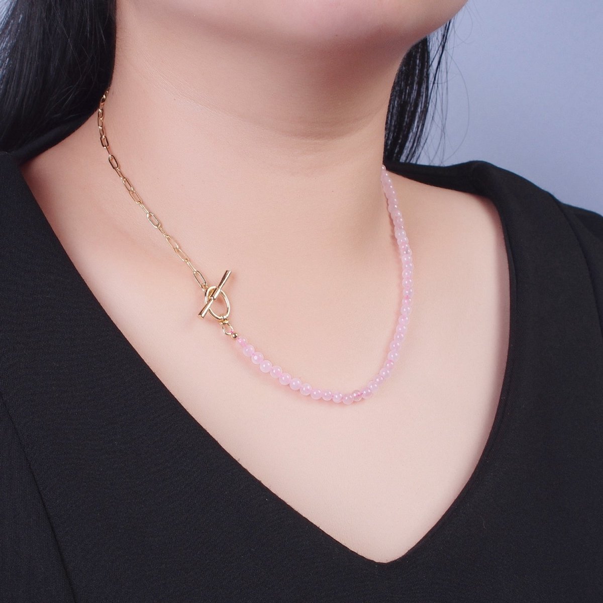 Dainty Half Bead Half Link Chain Necklace, 24k Gold Filled Paperclip Chain with Pink Quartz Necklace with Oval Toggle Clasps | WA-1019 Clearance Pricing